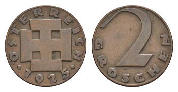 Австрия 2 гроша 1925 KM 2837 бронза 4636-141