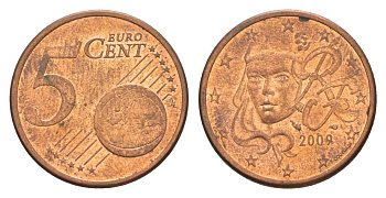 Франция 5 евроцентов 2009 KM 1284 сталь плакированная медью 4630-468