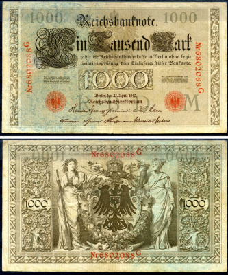 Германия 1000 марок 1910 21 апреля 1910, красная печать, номер семизначный, серия G, буква M, выпуск АПРЕЛЬ - ИЮЛЬ 1918 Pick 44 b бумага 2194-32-2-1