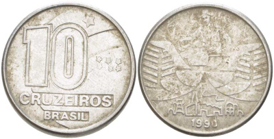 Бразилия 10 крузейро 1990 золотодобыча KM 619.1 нержавеющая сталь 3996-741