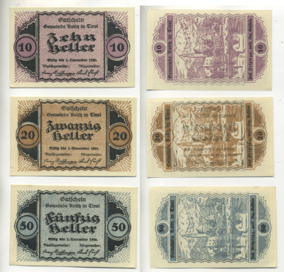 АВСТРИЯ НАБОР ИЗ 3 БАНКНОТ 1920 1 НОЯБРЯ 1920, НОТГЕЛЬД, 10, 20, 50 ГЕЛЛЕРОВ, REITH IN TIROL бумага aUNC 7203-37-3