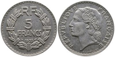 Франция 5 франков 1933 KM 888, Le Franc 336 никель 63-1241
