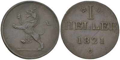 Франкфурт 1 геллер (юденпфенниг) 1821 KM Tn12, JuF 2003 медь 4547-368