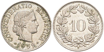 ШВЕЙЦАРИЯ 10 РАППЕНОВ 1959 В KM 27 медно-никель 55-313