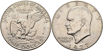 США 1 доллар 1977 D, Президент Эйзенхауэр, лунный орел KM А203 медь плакированная медно-никелем 4578-135