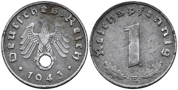 ГЕРМАНИЯ 1 РЕЙХСПФЕННИГ 1943 E KM 97, J. 369 цинк 4547-243