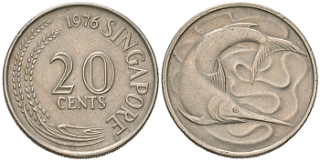 Сингапур 20 центов 1976 голубой марлин, тунец KM 4 медно-никель 4622-713