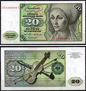 ФРГ 20 марок 1970 Эльсбет Тухер (Альбрехт Дюрер), скрипка, кларнет, буквы серии больше цифр Pick 32 a (2)  бумага  aUNC 451-917-1