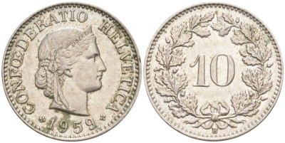 ШВЕЙЦАРИЯ 10 РАППЕНОВ 1959 В KM 27 медно-никель 55-313