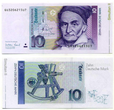 ФРГ 10 марок 1999 брак, 1 сентября 1999, Гаусс Pick 38 d, Розенберг 312 а бумага UNC (пресс) 450-36-3-2