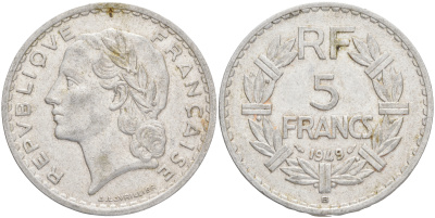 Франция 5 франков 1949 В, тип Лаврийе KM 888b.2, LE FRANC 339.19 алюминий 189-245