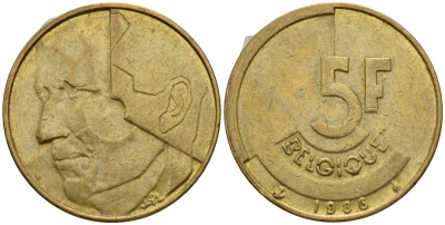 Бельгия 5 франков 1986 Belgique, Бодуэн I (1951-1993) KM 163 алюминиевая бронза 4601-156