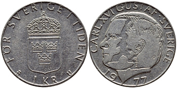 Швеция 1 крона 1977 Карл XVI Густав (1973- ) KM 852 медь плакированная медно-никелем 4397-821