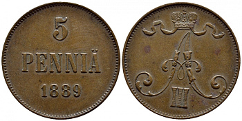 РОССИЯ ДЛЯ ФИНЛЯНДИИ 5 ПЕННИ 1889 Биткин 247 медь 00-00