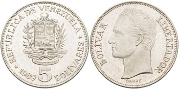 ВЕНЕСУЭЛА 5 БОЛИВАРОВ 1989 ПОРТРЕТ СИМОНА БОЛИВАРА KM 59a.2 сталь плакированная никелем 4517-213