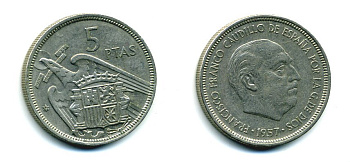 ИСПАНИЯ 5 ПЕСЕТ 1957 (74) ФРАНСИСКО ФРАНКО ДИКТАТОР ИСПАНИИ (1939-1975) KM 786 медно-никель 53-1245