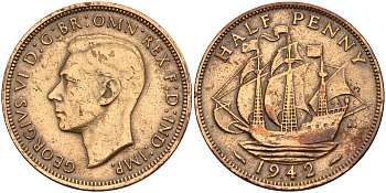 Великобритания 1/2 пенни 1942 Георг VI (1936-1952) KM 844, Spink 4115 бронза    4153-324