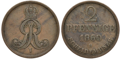 Брауншвейг-Каленберг-Ганновер 2 пфеннига 1860 B, Георг V (1851-1866) KM 234,aKS 153, J. 91 медь 4142-321