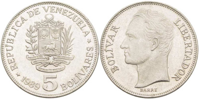 ВЕНЕСУЭЛА 5 БОЛИВАРОВ 1989 ПОРТРЕТ СИМОНА БОЛИВАРА KM 59a.2 сталь плакированная никелем 4517-213