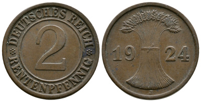 ГЕРМАНИЯ 2 РЕНТЕНПФЕННИГА 1924 J KM 31, J.307 бронза 86-1852