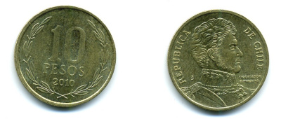 ЧИЛИ 10 ПЕСО 2010 ГЕНЕРАЛ БЕРНАРДО О ХИГГИНС KM 228.2 никель-бронза 37-1023