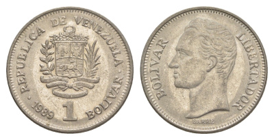 Венесуэла 1 боливар 1989 Симон Боливар, тонкий шрифт Y 52a.1 сталь плакированная никелем 4589-1137