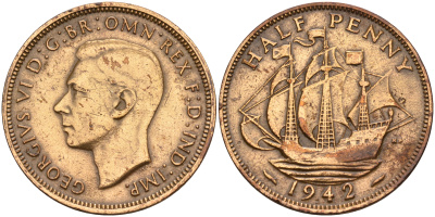 Великобритания 1/2 пенни 1942 Георг VI (1936-1952) KM 844, Spink 4115 бронза    4153-324