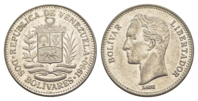 Венесуэла 2 боливара 1990 Симон Боливар Y 43a сталь плакированная никелем 4583-535