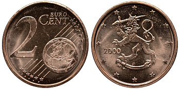 ФИНЛЯНДИЯ 2 ЕВРОЦЕНТА 2000 KM 99 сталь плакированная медью UNC 4181-467