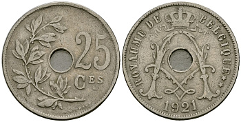Бельгия 25 сантимов 1921 Belgique KM 68 медно-никель 4168-1224
