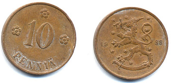 Финляндия 10 пенни 1938 KM 24 медь 51-5657