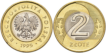 Польша 2 злотых 1995 MW KM 283 биметалл UNC 1096-5-55