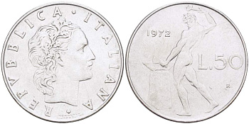ИТАЛИЯ 50 ЛИР 1972 R, КУЗНЕЦ KM 95.1 нержавеющая сталь 4523-651