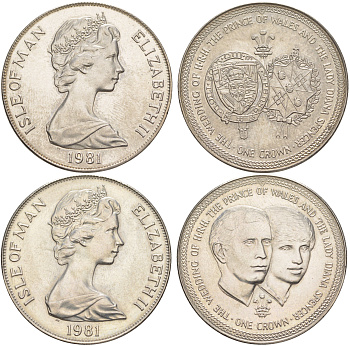 Остров Мэн полный набор из 2 монет (1 крона) 1981 Свадьба Принца Чарльза и Леди Дианы KM 81 и 82 медно-никель BU 4184-1014-1015