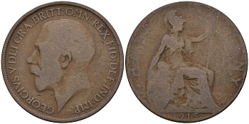 Великобритания 1/2 пенни 1915 Георг V (1910-1936) KM 809, Spink 4056 бронза 4146-133