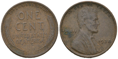США 1 цент 1938 Авраам Линкольн  KM 132 бронза 211-822