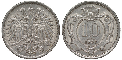 Австрия 10 геллеров 1893 KM 2802 никель 4164-331