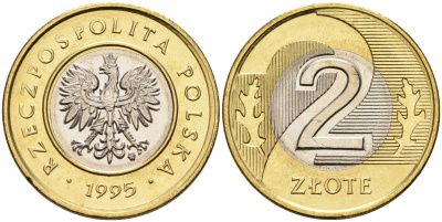 Польша 2 злотых 1995 MW KM 283 биметалл UNC 1096-5-55