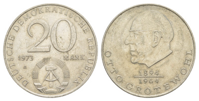 ГДР 20 марок 1973 A, Отто Гротеволь (1894-1964) KM 47 медно-никель 4634-114