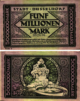 ДЮССЕЛЬДОРФ 5000000 МАРОК 1923 НОТГЕЛЬД, 21 АВГУСТА 1923, ЗЕМЛЯ СЕВЕРНЫЙ РЕЙН-ВЕСТФАЛИЯ, REIHE V Keller 1150s бумага 6300-34-2-2