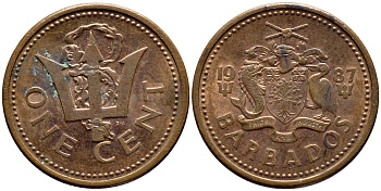 Барбадос 1 цент 1987 сломанный трезубец Британии KM 10 бронза 4396-1264