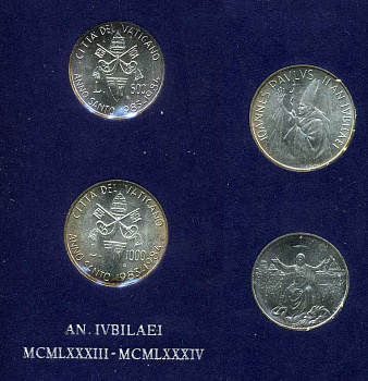 Ватикан 500 и 1000 лир 1983-1984 Иоанн Павел II, внеочередной святой год, в картонном буклете KM 168, 169 серебро UNC 6-5-2-23