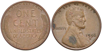 США 1 ЦЕНТ 1956 D, ЛИНКОЛЬН KM А132 медь цинк 218-267