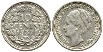Нидерланды 10 центов 1937 Вильгельмина I (1890-1948) КМ 163 серебро 26-559