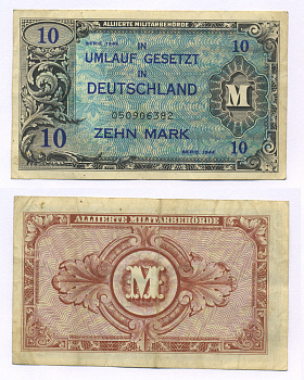 ГЕРМАНИЯ 10 МАРОК 1944 9 ЦИФР В НОМЕРЕ, ОККУПАЦИЯ ГЕРМАНИИ, ВТОРАЯ МИРОВАЯ ВОЙНА Pick 194b бумага 6300-14-3-1