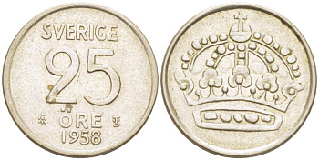 Швеция 25 эре 1958 TS, Густав VI Адольф (1950-1973) KM 824 серебро 4516-455