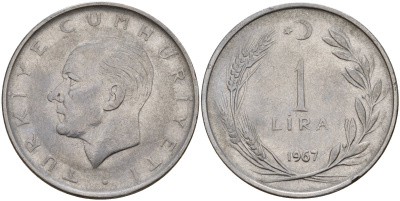 Турция 1 лира 1967 Мустафа Кемаль Ататюрк KM 889a.2 нержавеющая сталь 4149-1243