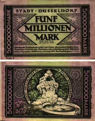 ДЮССЕЛЬДОРФ 5000000 МАРОК 1923 НОТГЕЛЬД, 21 АВГУСТА 1923, ЗЕМЛЯ СЕВЕРНЫЙ РЕЙН-ВЕСТФАЛИЯ, REIHE V Keller 1150s бумага 6300-34-2-2