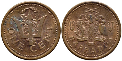 Барбадос 1 цент 1987 сломанный трезубец Британии KM 10 бронза 4396-1264