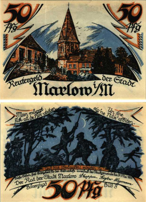 МАРЛОВ 50 ПФЕННИГОВ 1922 НОТГЕЛЬД, 31 МАЯ 1922, ЗЕМЛЯ МЕКЛЕНБУРГ ПЕРЕДНЯЯ ПОМЕРАНИЯ Grabowski 872.1 бумага 6318-40-2-2